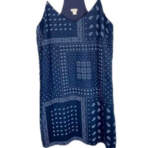 EUC J. Crew Linen Blend Blue Bandana Print T Back Dress Cotton Lined Size 14